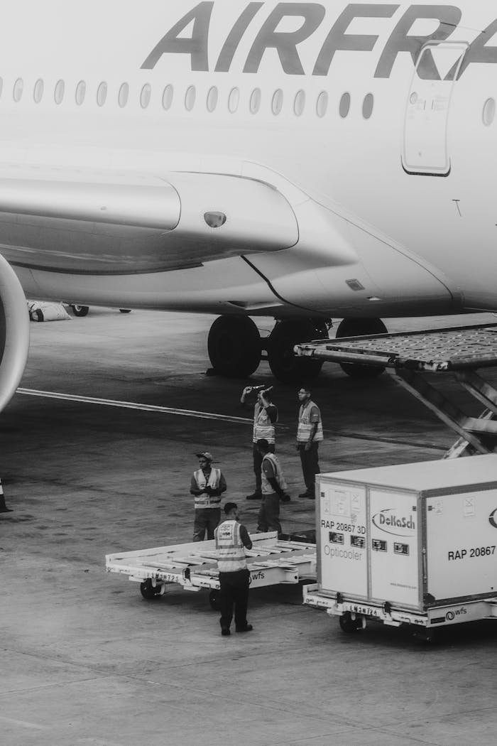 about-02 Ground crew loading cargo onto an airplane at the airport, black and white scene.